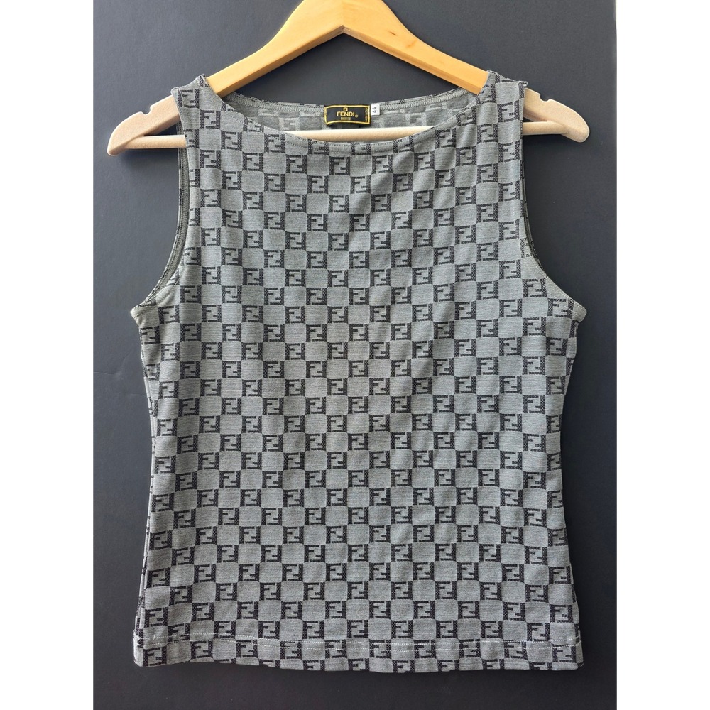 Vintage Designer Fendi Tank Top Zucca Monogram Grey Black Sleeveless M 44 Italy